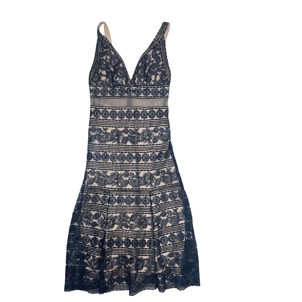 Tadashi Shoji Dress 8 Black Lace Sequin V-Neck Midi Party Wedding Guest‎ Floral